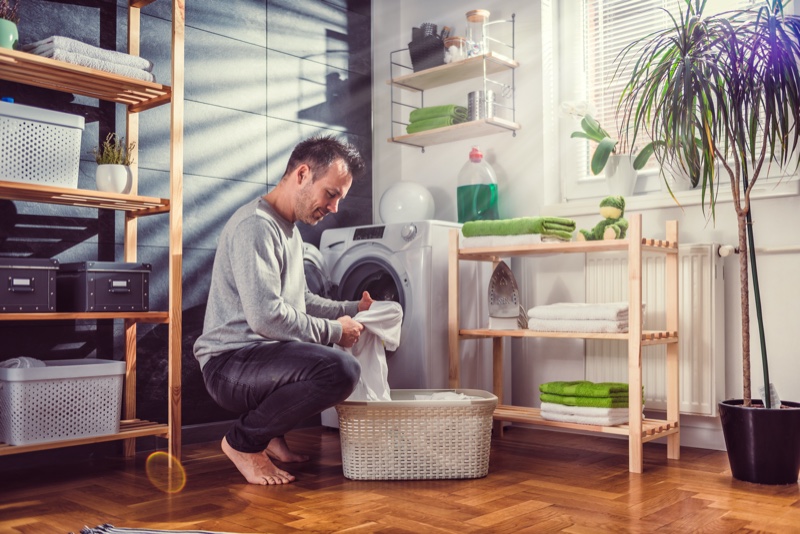 Man Doing Laundry Home Basket