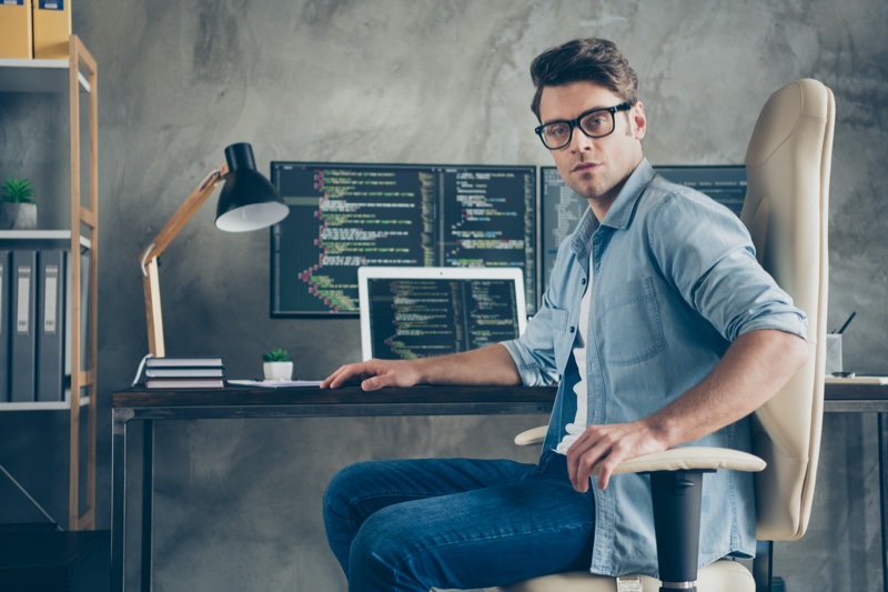 Man Sitting Computer Programmer Office Chair Desk