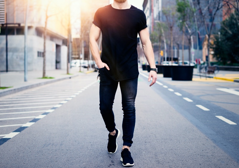 Man Walking Slim Fit Denim Black T-Shirt
