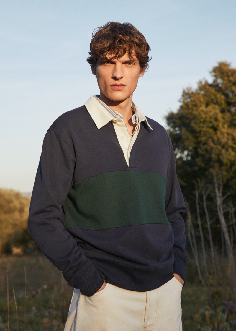 In front and center, Valentin Caron rocks a rugby top from Mango.