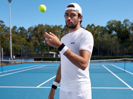 Matteo Berrettini wears an all-white tennis look for his new BOSS campaign.
