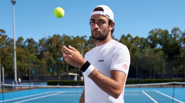 BOSS Taps Tennis Star Matteo Berrettini as New Brand Ambassador Matteo Berrettini wears an all-white tennis look for his new BOSS campaign.