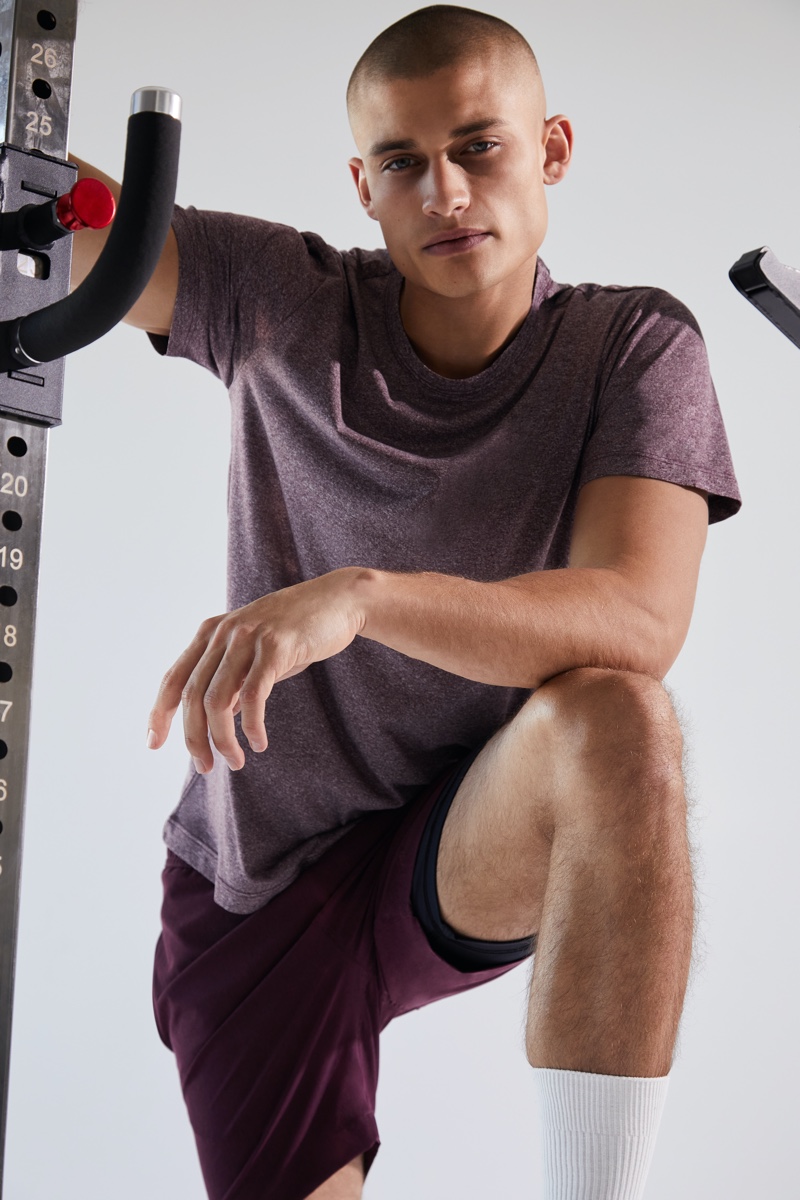 Michael Gioia models a Tech Tee and Hybrid Compression Shorts from Onia.