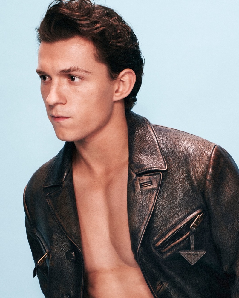 Tom Holland Shirtless Leather Jacket Prada Campaign Spring 2022