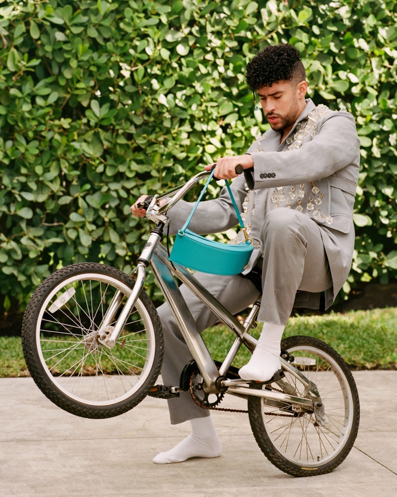Bad Bunny Riding Bike Suit Gray JACQUEMUS Campaign 2022