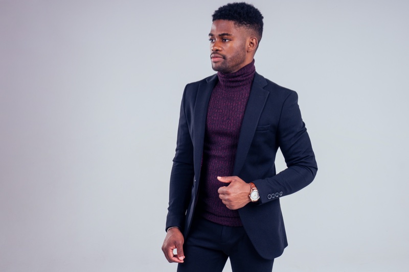 Black Man Turtleneck Suit Jacket