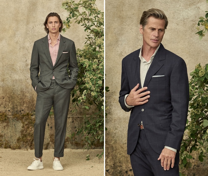 Models James Turlington and Mark Vanderloo wear spring-summer 2022 looks from Brunello Cucinelli.