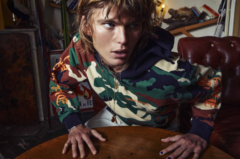 Model Jordan Barrett makes a camouflage statement as the star of Chrome Hearts' spring-summer 2022 campaign.