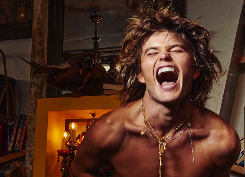 Letting out a scream, Jordan Barrett embraces a rebellious energy for Chrome Hearts' spring-summer 2022 campaign.