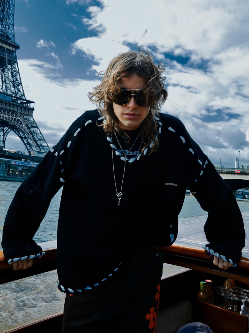 Photographed near the Eiffel Tower, Fernando Casablancas appears in Chrome Hearts' spring-summer 2022 campaign.
