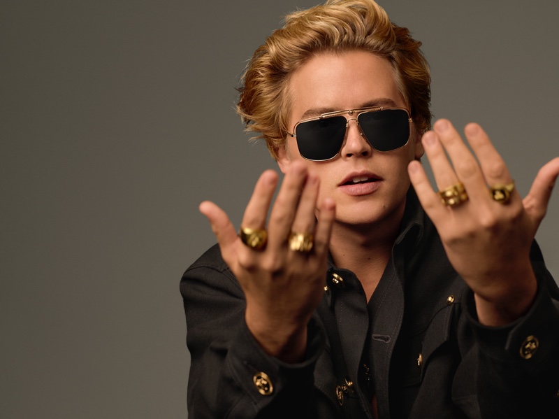 Cole Sprouse Versace Campaign Sunglasses Gold Rings Spring Summer 2022 Ad