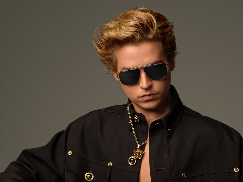 Cole Sprouse Versace Campaign Eyewear Black Shirt Gold Chain Spring Summer 2022