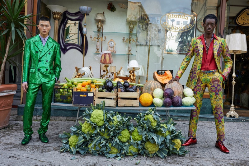 Models Ryan Park and Youssouf Bamba make a bold fashion statement in tailoring for Dolce & Gabbana's spring-summer 2022 men's campaign.