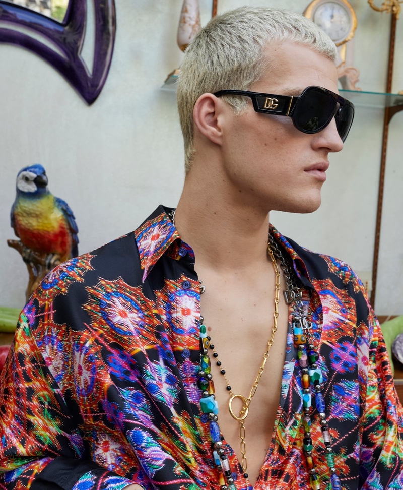 Dolce & Gabbana enlists blond model Matteo Ferri as the star of its spring-summer 2022 men's eyewear campaign.