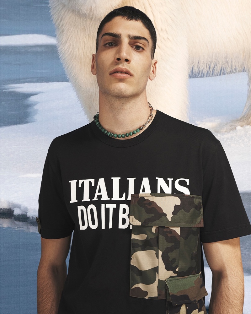 Riccardo A. models an "Italians Do It Better" t-shirt from Dolce & Gabbana's spring-summer 2022 men's Reborn to Live collection.