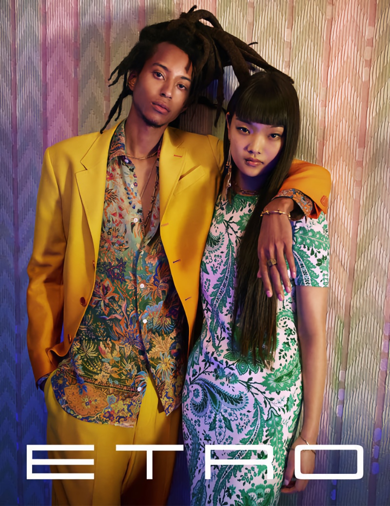 Models Kendall Harrison and Bomi Youn couple up for Etro's spring-summer 2022 campaign.