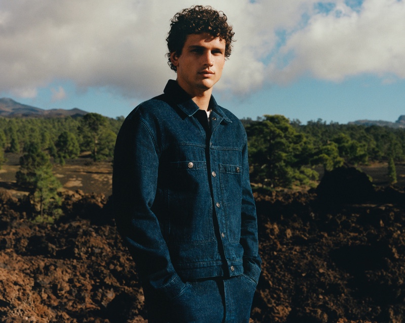 Clad in denim, Simon Nessman appears in Mango's spring-summer 2022 men's denim campaign.