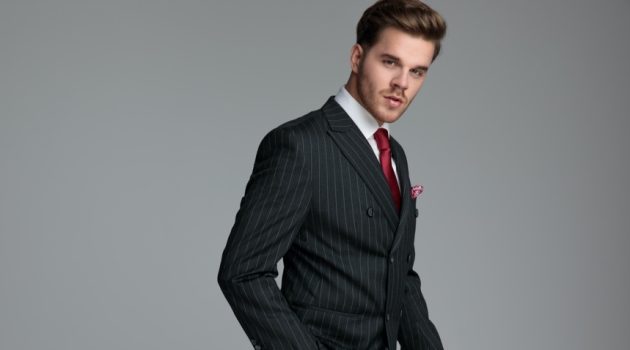 Model Wearing Pinstripe Suit
