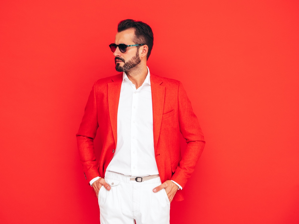 Modern Mens Hairstyle Red Blazer Red Background