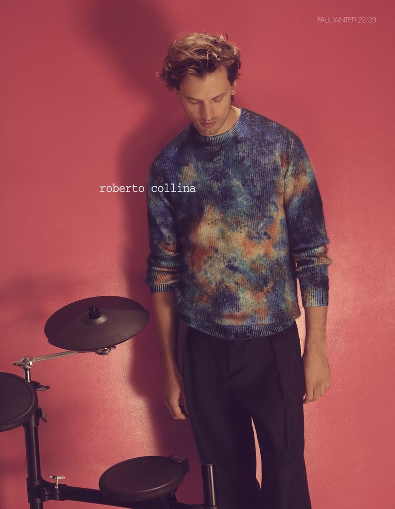 Emilio Tini photographs Eddie Klint in one of Roberto Collina's signature knit sweaters for fall-winter 2022.