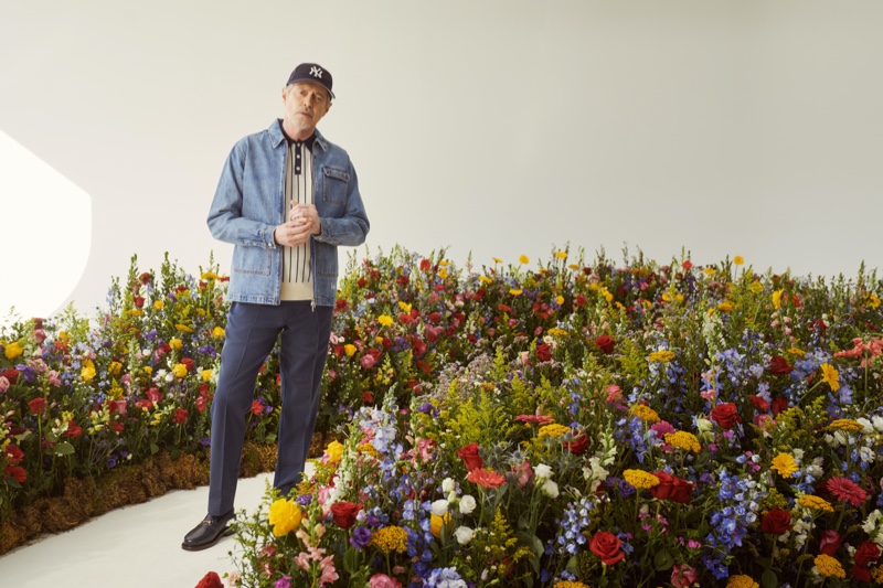 Actor Steve Buscemi goes casual in a denim jacket and polo for KITH's spring 2022 campaign.