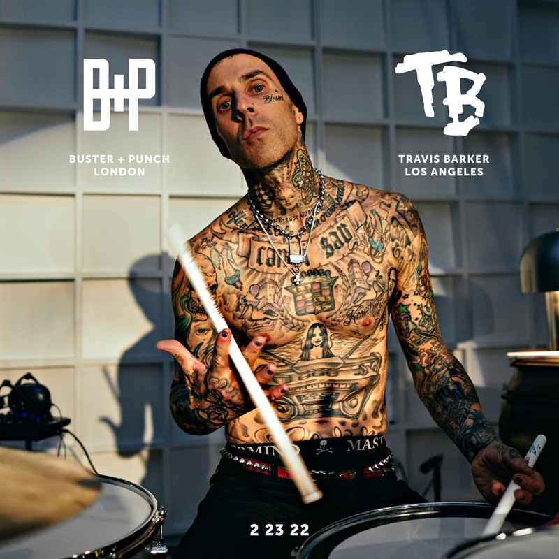 Travis Barker Shirtless Tattoos 2022 Buster + Punch Skull Collection