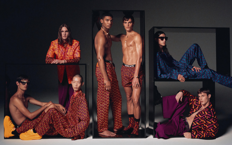 Models Aaron Shandel, Fedor Kurbatov, Xu Meen, Reece Nelson, Parker van Noord, Sofiane Belaasri, and Kit Butler embody the Versace man for fall-winter 2022.
