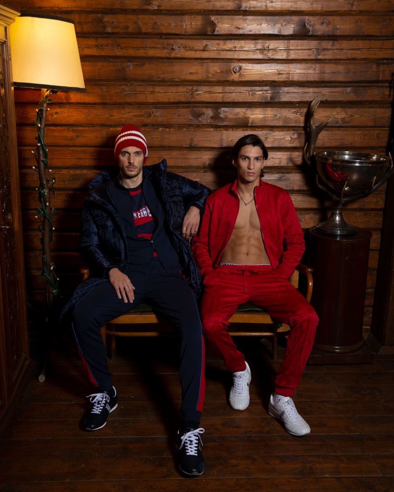 Models Federico Cola and Nicolas Rios Riascos wear warm winter looks from Bikkembergs.