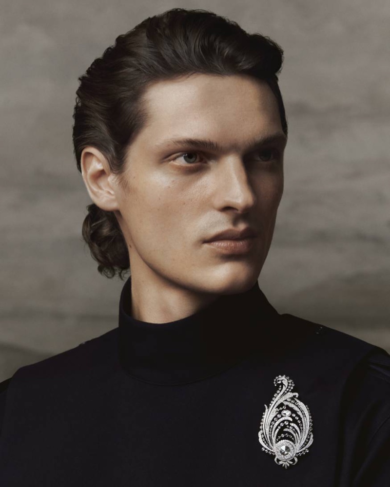 Valentin Caron wears a broach from the Boucheron New Maharajahs collection.