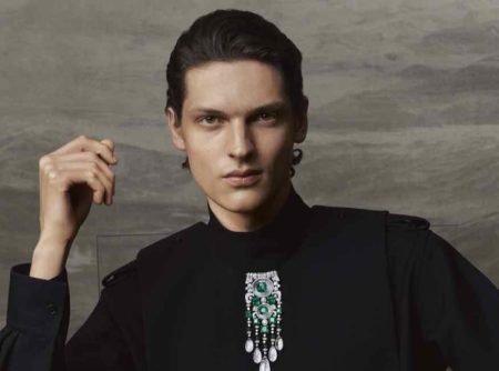 Model Valentin Caron dons a neckpiece from the Boucheron New Maharajahs collection.