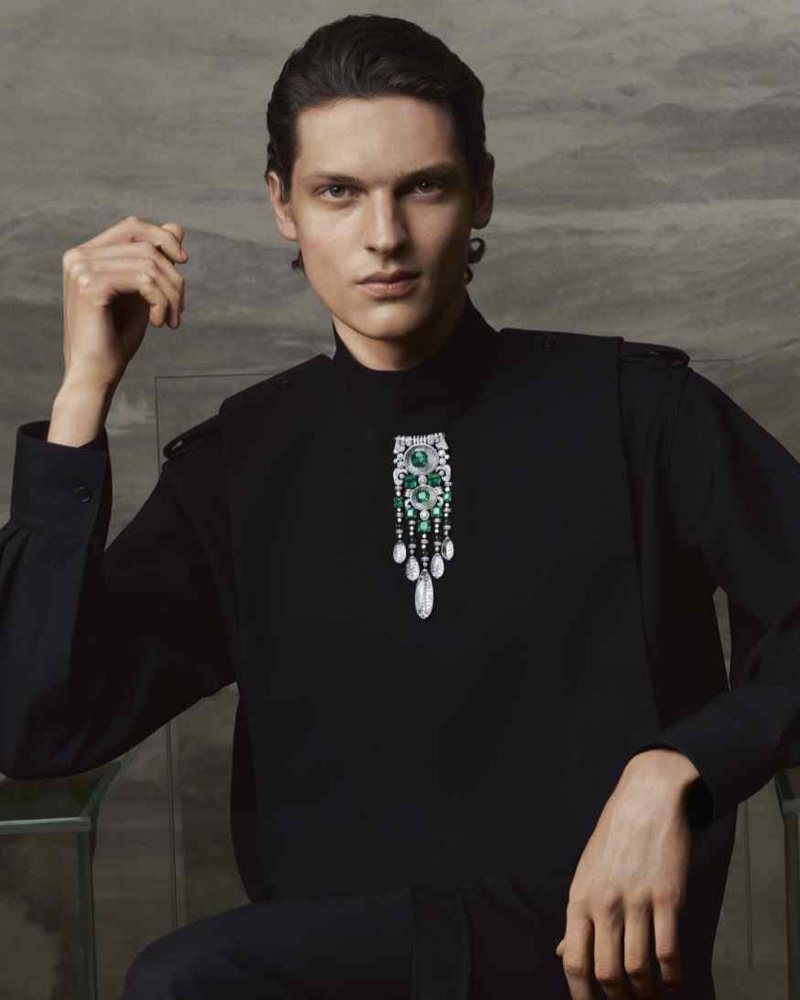 Model Valentin Caron dons a neckpiece from the Boucheron New Maharajahs collection.