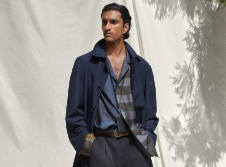 Jeenu Mahadevan models a chic spring-summer 2022 look from Brioni with generous proportions and soft tailoring.