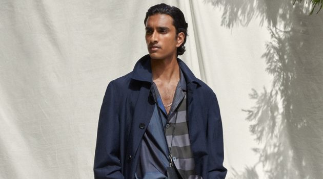 Jeenu Mahadevan models a chic spring-summer 2022 look from Brioni with generous proportions and soft tailoring.
