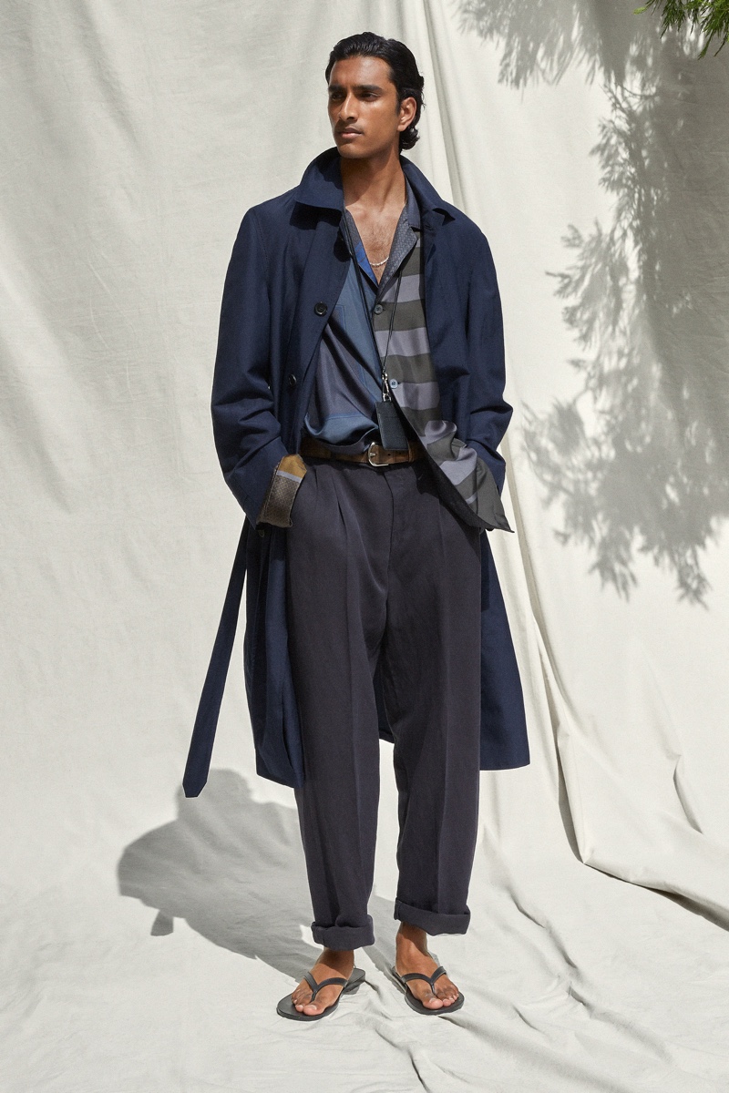 Jeenu Mahadevan models a chic spring-summer 2022 look from Brioni with generous proportions and soft tailoring.