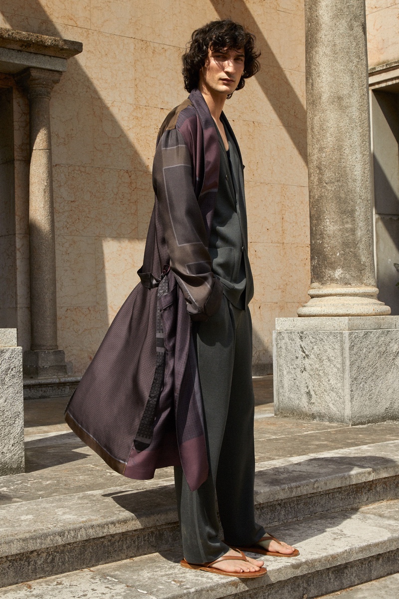 Model Luca Lemaire is a head-turner in an elegant look from Brioni.