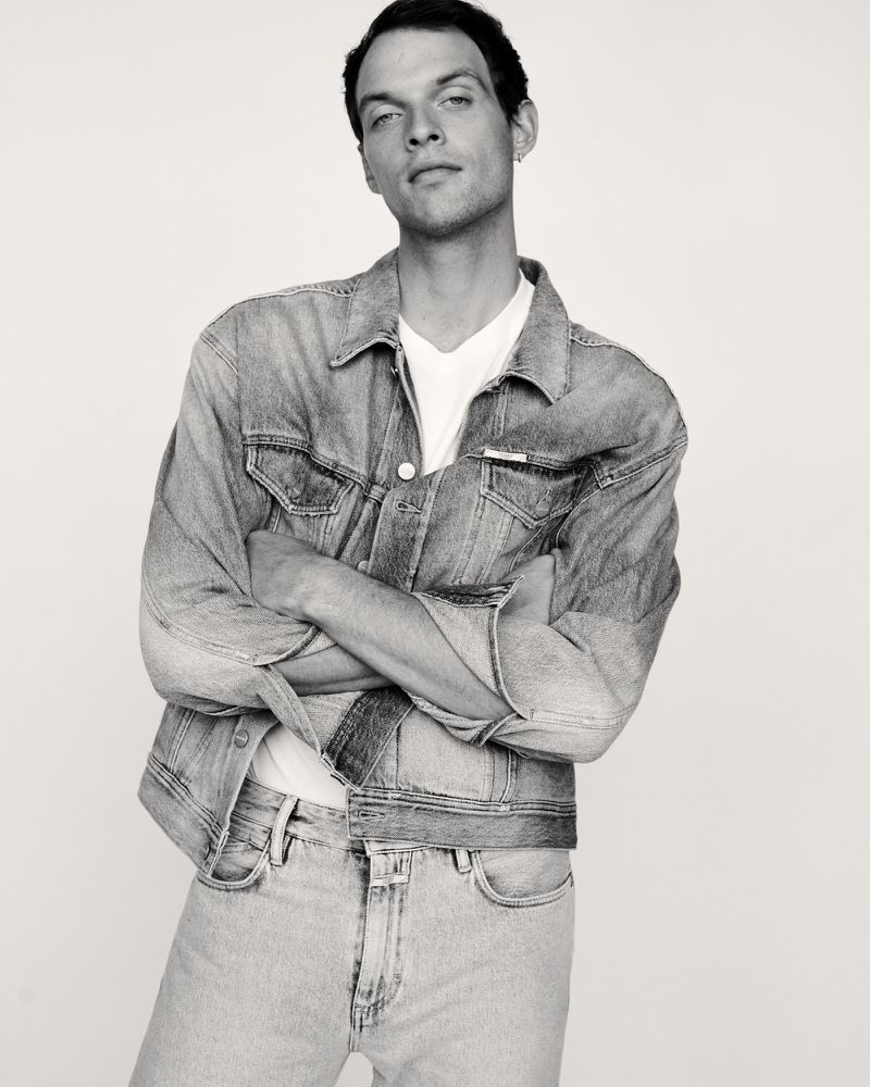 Rocky Harwood wears a denim jean jacket and jeans for Closed's spring-summer 2022 denim campaign.