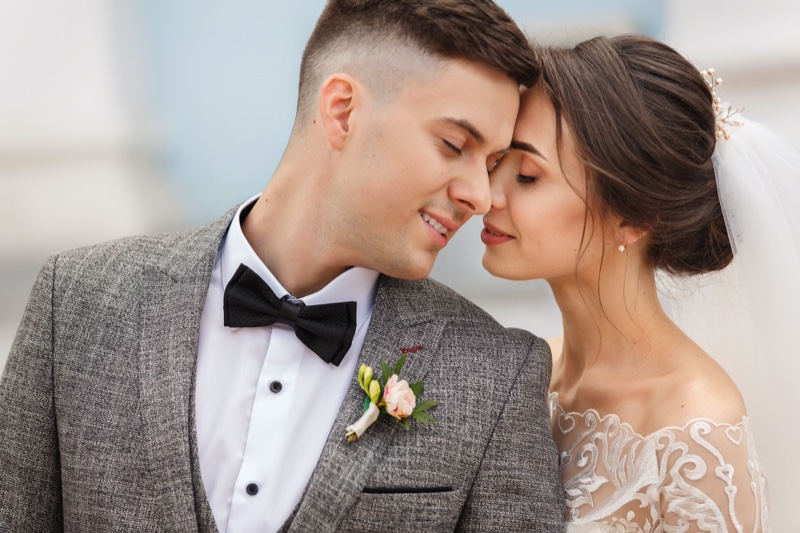 Closeup Groom Bride Romantic Bow Tie