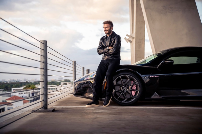 David Beckham poses alongside the Maserati MC20 Fuoriserie Edition for David Beckham.