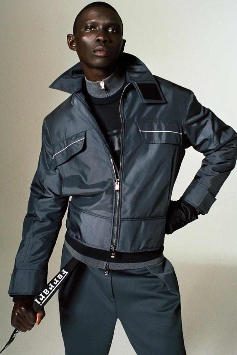 Embracing sporty, technical style, Fernando Cabral fronts Ferrari's spring-summer 2022 men's campaign.