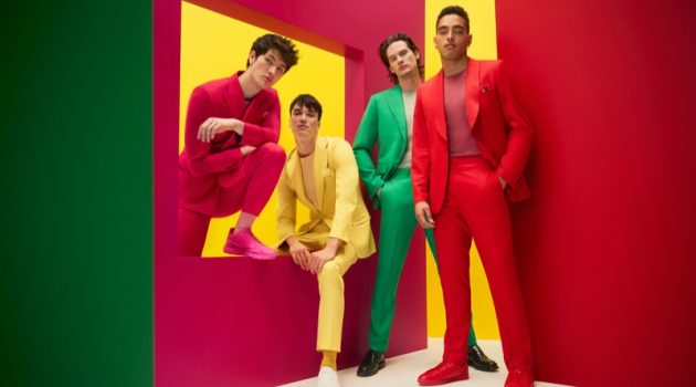 Models Brandon Soon Shiong, Stephen Allen, Joey Kirchner, and Justin Lyons don colorful suiting numbers from Indochino's spring-summer 2022 collection.