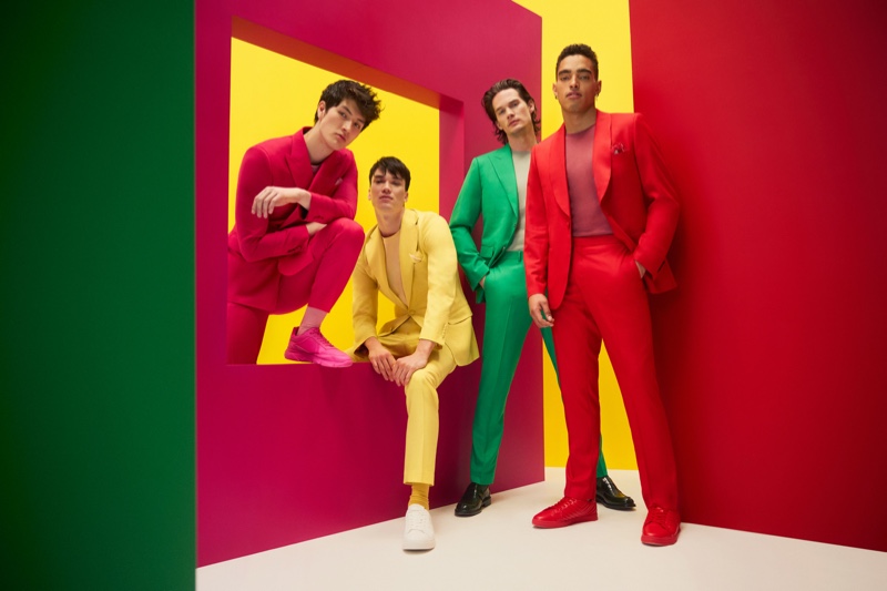 Models Brandon Soon Shiong, Stephen Allen, Joey Kirchner, and Justin Lyons don colorful suiting numbers from Indochino's spring-summer 2022 collection.