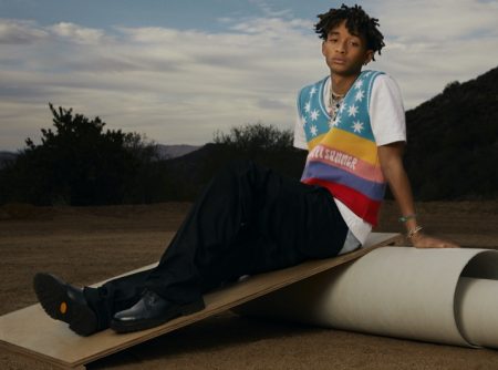 Jaden Smith wears a MSFTSrep sweater vest and t-shirt with Visvim chinos for Mr Porter.