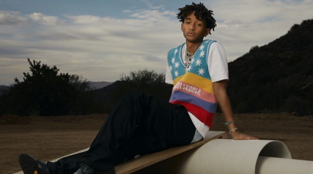 Jaden Smith wears a MSFTSrep sweater vest and t-shirt with Visvim chinos for Mr Porter.