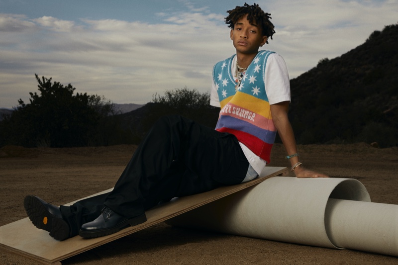 Jaden Smith wears a MSFTSrep sweater vest and t-shirt with Visvim chinos for Mr Porter.