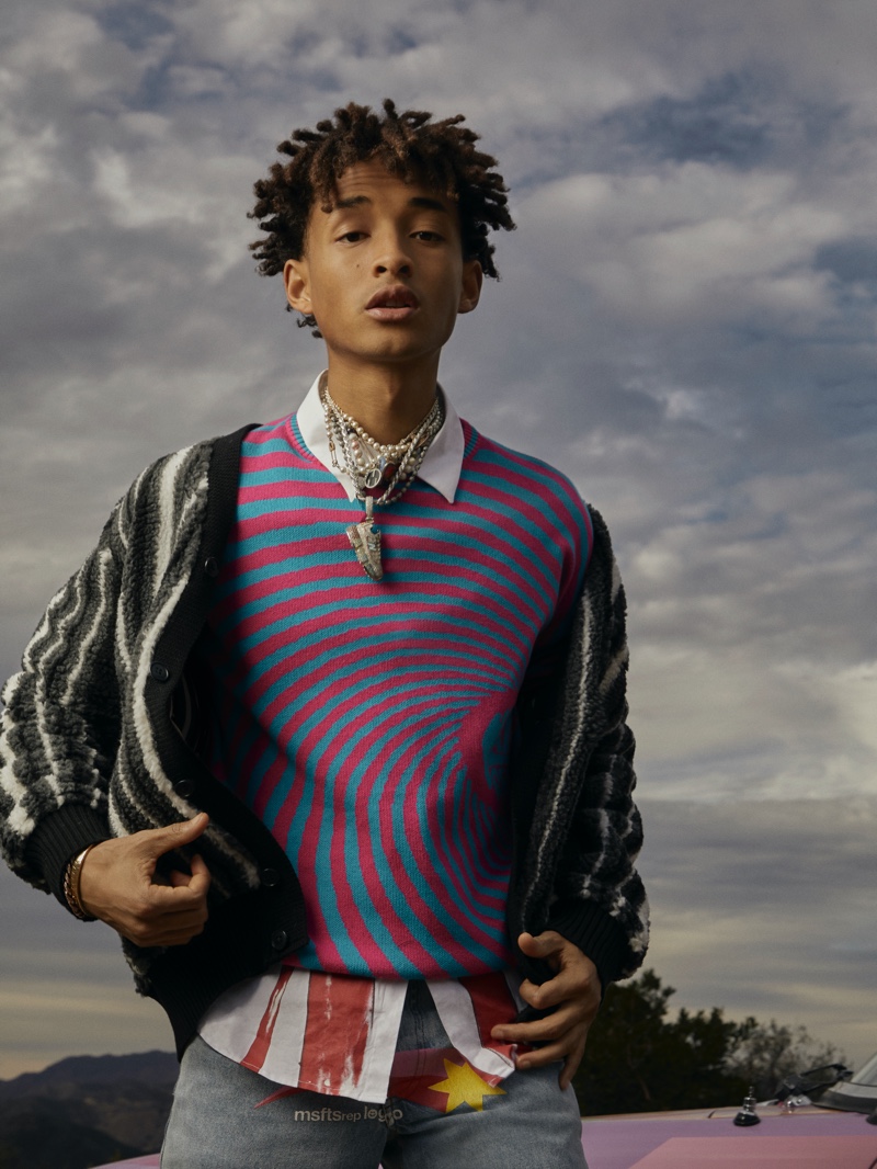 Thomas Giddings photographs Jaden Smith in a Beams Plus striped cardigan, MSFTSrep sweater, and jeans for Mr Porter.