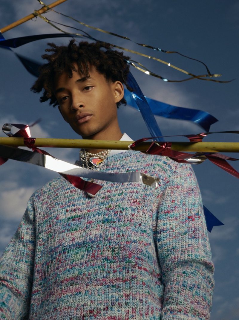 Connecting with Mr Porter, Jaden Smith wears a Bottega Veneta shirt with a sweater by The Elder Statesman.