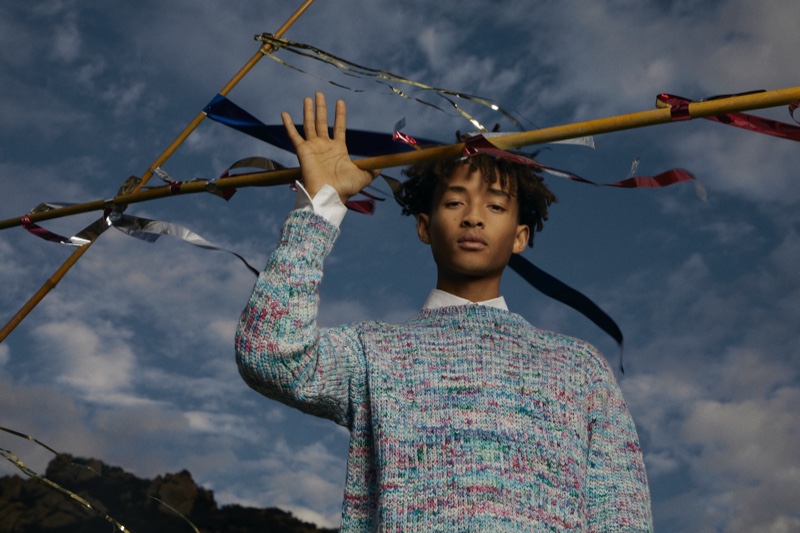 Jaden Smith dons a Bottega Veneta shirt with a sweater by The Elder Statesman for Mr Porter.