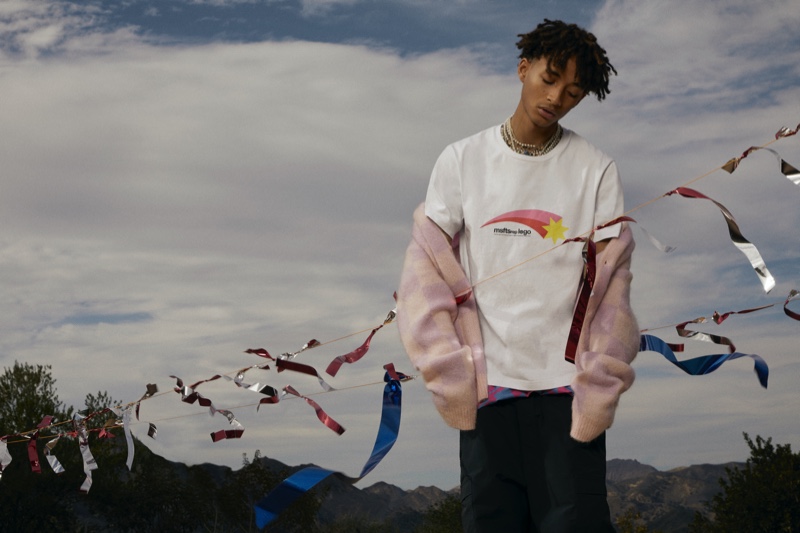 Taking up the spotlight, Jaden Smith wears a Needles cardigan, MSFTSrep t-shirt, and VISVIM chinos for Mr Porter.