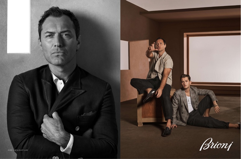 Brioni enlists Jude and Rafferty Law as the stars of its spring-summer 2022 campaign.