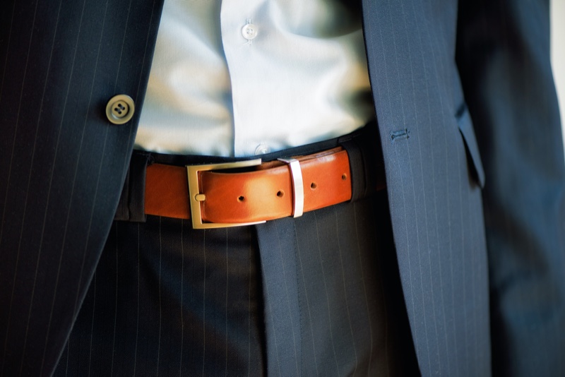 Light Brown Belt Pinstriped Suit Closeup